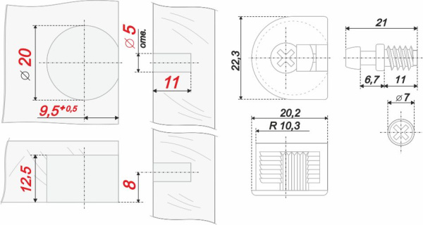 Эксцентриковая стяжка в пластик корпусе+  дюбель,  белый (Арт. ST01/49/3/W/01) Boyard