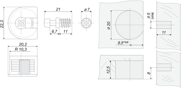 Эксцентриковая стяжка в пластик корпусе+  дюбель,  коричневый (Арт. ST01/49/3/Br/01) Boyard